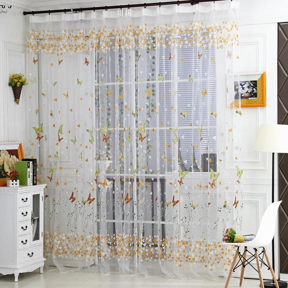 Fareti Beautiful Butterfly Pattern Sheer Door Balcony Window Screen Curtain Tulle Panel Voile Decorative Drapes Valance