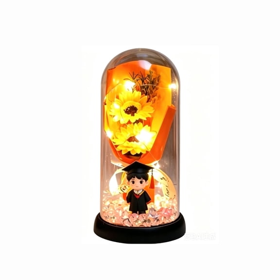 Fareti Glowing Artificial Flower Night Light, LED Simulated Bloom with Frosted Glass Shade, USB Battery-Powered, Auto-On Dusk Sensor, Graduation Gift, Bedside Decor