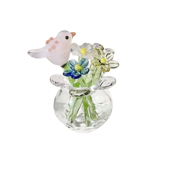 Fareti Mini Glass Flower Bouquet with Vase Handmade Glass Daisy Butterfly Bird with Stems Small Floral Flower Vase Ornaments for Table Centerpiece Home Decor Gift