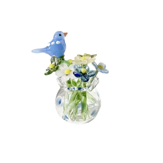 Fareti Mini Glass Flower Bouquet with Vase Handmade Glass Daisy Butterfly Bird with Stems Small Floral Flower Vase Ornaments for Table Centerpiece Home Decor Gift