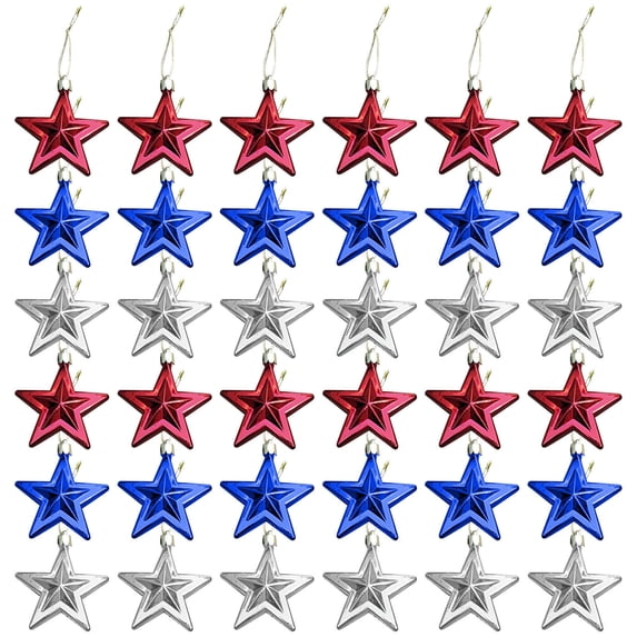 Fareti Mini Patriotic Star Ornaments 4th of July Hanging Pendants for Small Tree Blue Red Silver Star Charms with String for Memorial Veterans Remembrance Independence Day Decor