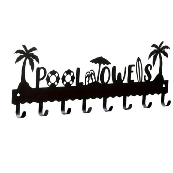 Fareti Pool Wall Mount Towel Rack, Wrought Iron with Multiple Hooks for Towels Robes Swimwear, Outdoor Waterproof Rustproof Storage, 16.14x5.1 Inch, Black, Space-Saving