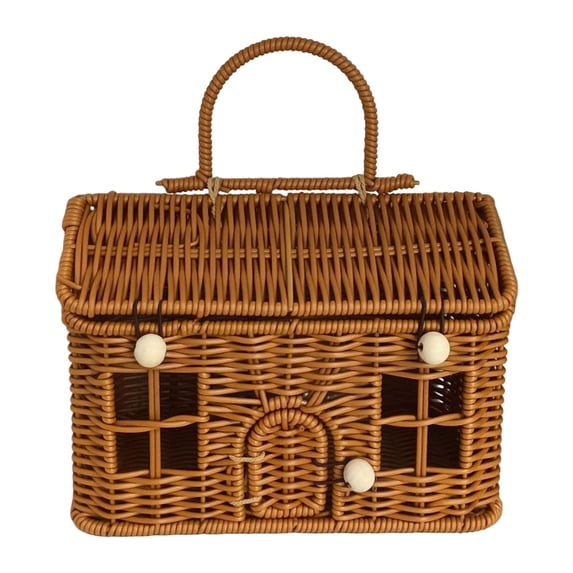 Fareti Rattan House Shape Storage Basket with Lid Rattan Doll House Wicker Storage Basket Shelf Organizer