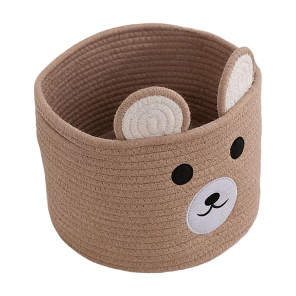 Fareti Round Woven Rope Storage Basket 7.87x9.84 Inch, Cute Animal Face Design with Handles, Soft Collapsible Cotton Bin for Blanket Towel Nursery Gift