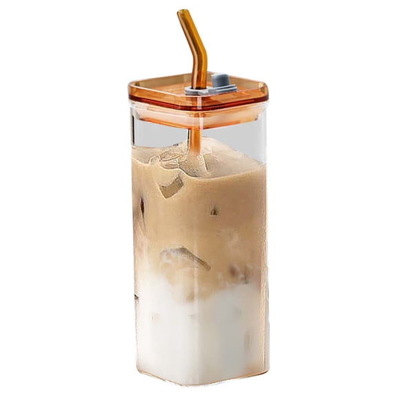 Fareti Square Glass Cup with Lids and Straws, Portable Drinking Clear Tumblers, Heat Resistant Transparent Milk Tea Juice Cups Coffee Mug For Home Bar Drinkware