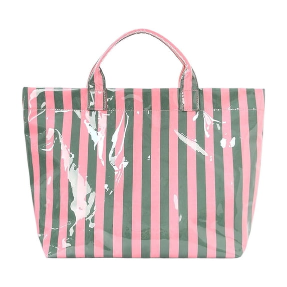 Fareti Waterproof Glossy PVC Striped Tote Bag, Large Capacity Handbag for Beach Shopping Travel, Heavy Duty Reusable Shoulder Bag with Reinforced Handles