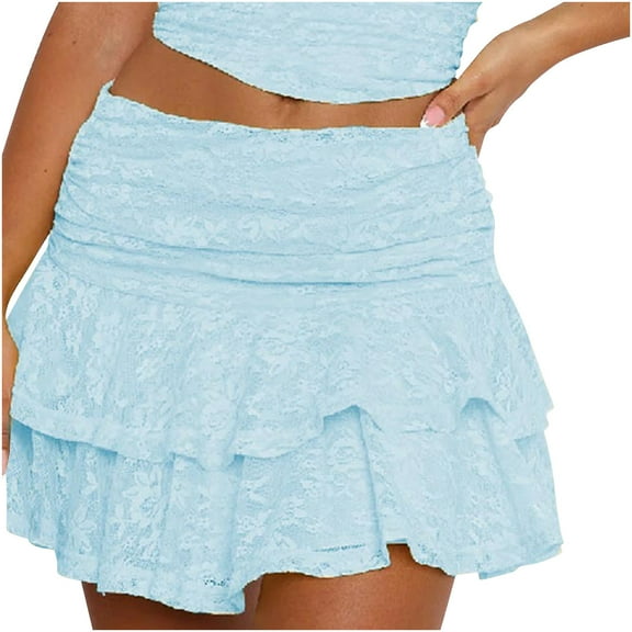 Faretumiya Women Floral Lace Mini Skirt Y2k Sheer Ruffle Hem Bodycon Short Skirt Fairycore Layered Pleated Skirt Aesthetic