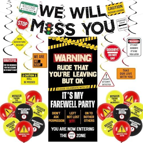 Farewell Decorations Men Women, Caution Logos We Will Miss You Banner Balloons Hanging Swirls, Funny Going Away Retirement Goodbye Party Supplies, Leaving Party Photo Backdrop Door Wall Signs