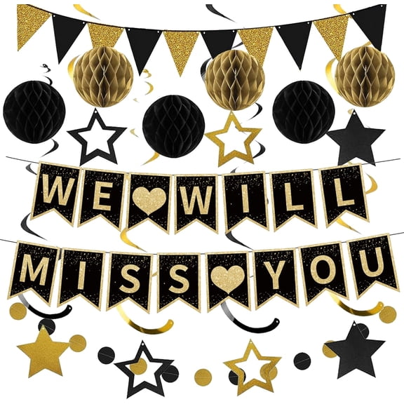 Farewell Party Decorations, Black Gold We Will Miss You Banner Hanging Swirls Kit, Going Away/Leaving/Retirement Party Decorations for Men Women, Coworker Friends Goodbye Party Supplies