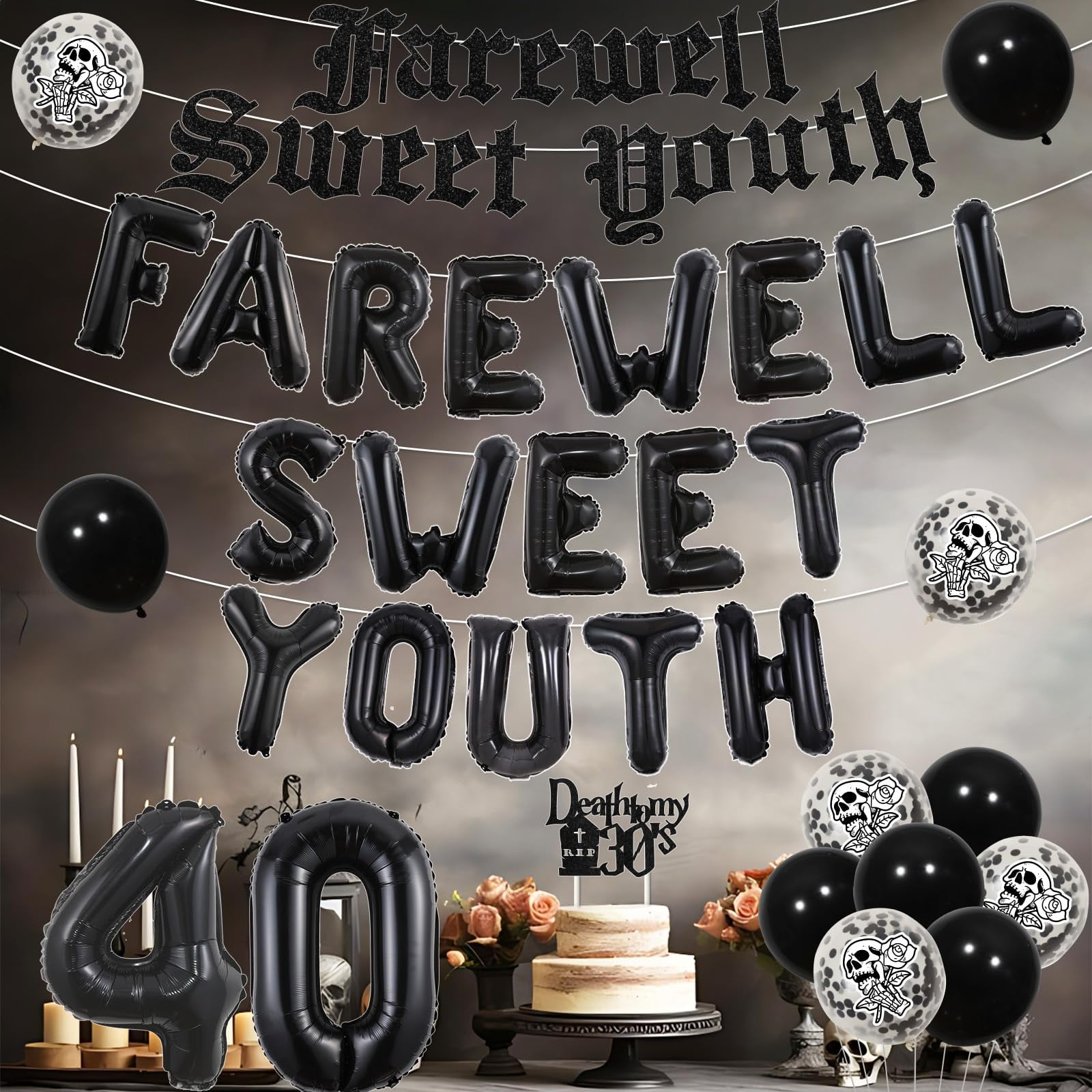 36 Pcs 40th Birthday Cupcake Toppers - Gothic “Death To My 30s” Decor, 9 Designs, Black Theme - View #4