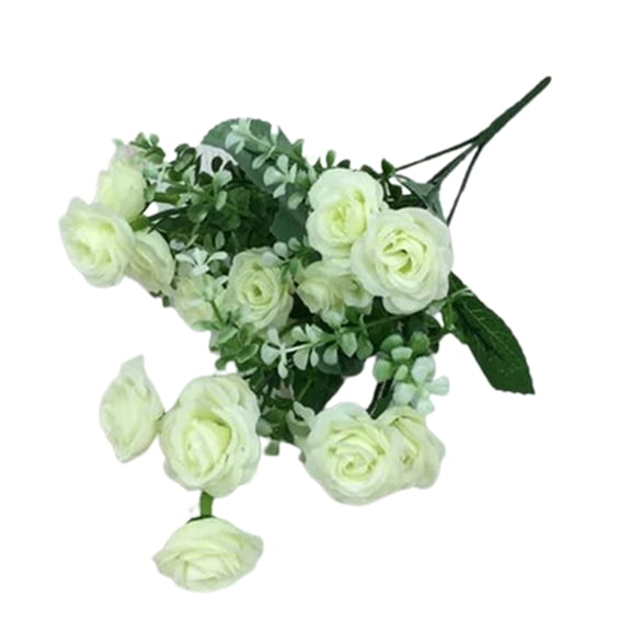 Farfi 1 Bouquet 5 Branches 15 Heads Artificial Rose Wedding Home Decor Faux Silk Flower (White)
