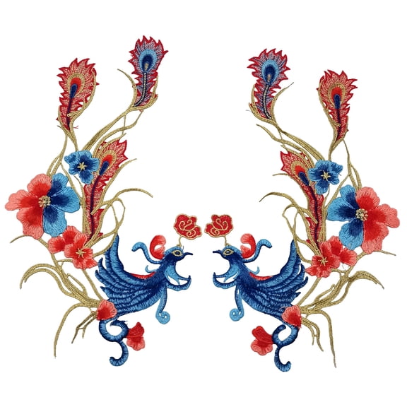 Farfi 1 Pair Embroidery Patches Exquisite Beautiful Polyester Phoenix Pattern Applique Patches for Cheongsam (Blue)