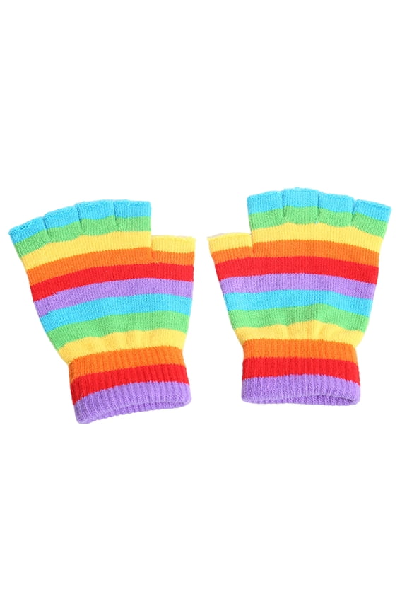 1 Pair Students Gloves Half Finger Knitted Colorful Rainbow Stripe Stretchy Comfortable Keep Warm Super Soft Autumn Winter Women Writing Gaming Gloves for Christmas (Multicolor, One Size)