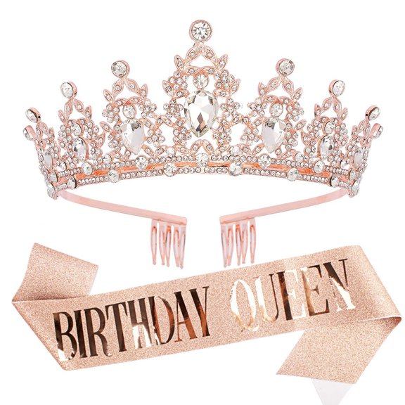 Farfi 1 Set Etiquette Belt Set Letter Printed Long Ribbon Rhinestone Inlay Queen Crown Two-piece Set Birthday Party Etiquette Shoulder Strap Headband Party Dress-up Accessories (Rose Gold)