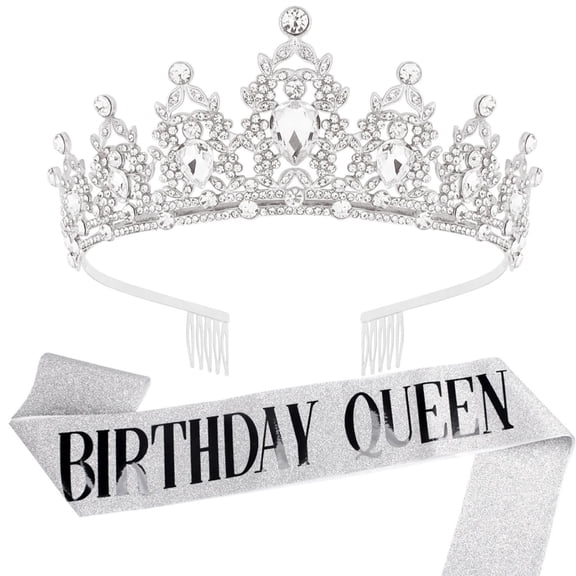 Farfi 1 Set Etiquette Belt Set Letter Printed Long Ribbon Rhinestone Inlay Queen Crown Two-piece Set Birthday Party Etiquette Shoulder Strap Headband Party Dress-up Accessories (Silver)