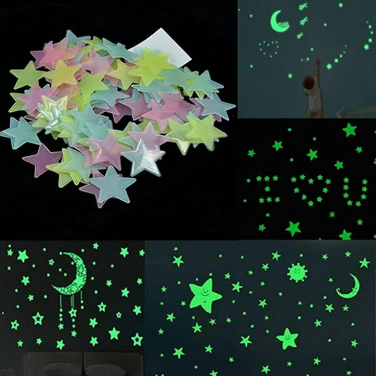 Farfi 100Pcs 3D Stars Glow In The Dark Ceiling Wall Stickers Cute Living  Home Decor 
