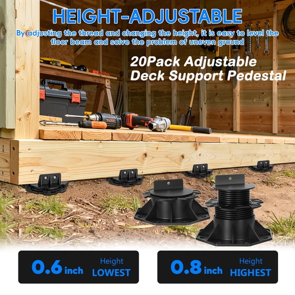 Farfi 20Pack Adjustable Deck Support Pedestal Deck Foundation Base Support for Floating Deck Platform Deck Floor Height Adjustment Raising from 2-3/8"-5-1/2", Black