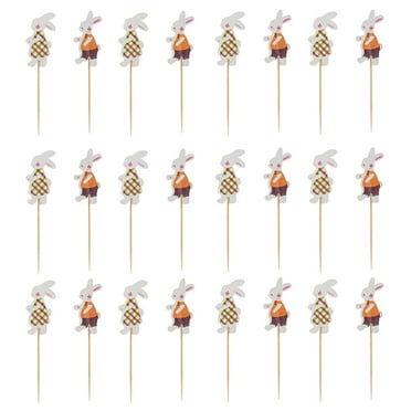 Farfi 24Pcs Cake Toppers Cartoon Bunny Pattern Happy Easter Rabbit Festival Cake Decorating Sticks for Restaurant (Type A)