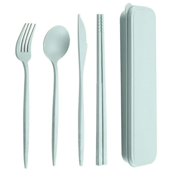 Farfi 4Pcs/Set Reusable Portable Plastic Cutlery Set with Storage Box Students Spoon Fork Cutter Chopsticks Tableware Set for Outdoor Travel (Green)