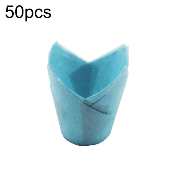 Farfi 50Pcs High Temperature Resistant Cake Paper Cup Tulip Muffin Baking Case Liners (Blue)