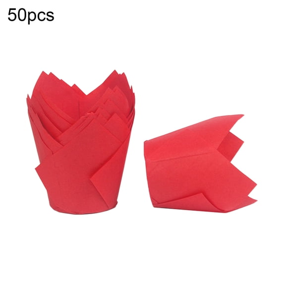 Farfi 50Pcs Tulip Flower Shape Muffin Cup Disposable Paper Holiday Party Cupcake Liner Kitchen Tools (Red)
