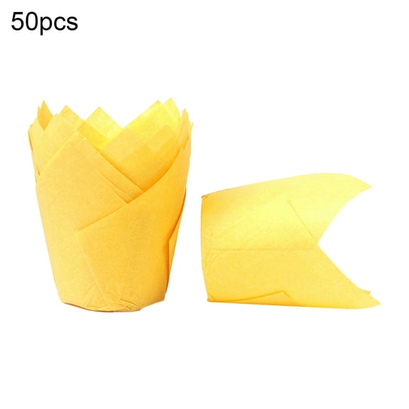 Farfi 50Pcs Tulip Flower Shape Muffin Cup Disposable Paper Holiday Party Cupcake Liner Kitchen Tools (Yellow)