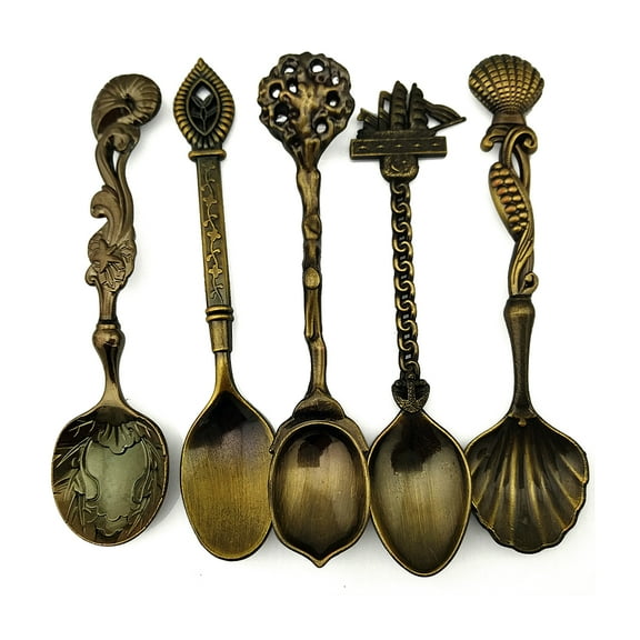 Farfi 5Pcs Retro Gothic Pattern Carved Coffee Tea Snacks Sugar Spoons Kitchen Cutlery (1 set)
