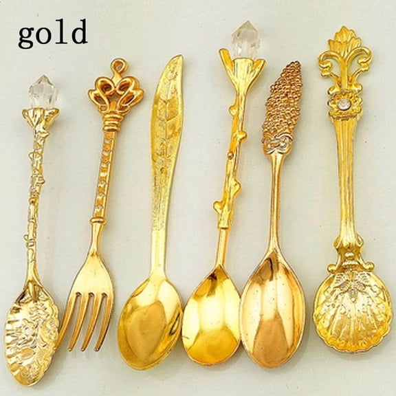 Farfi 6Pcs/Set Retro Palace Cutlery Alloy Tea Coffee Spoons Fork Dinnerware Tableware (Golden)