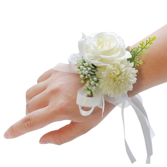 Farfi Wrist Flower Non-Fading Multi-color Decorate Elegant Bride Groom Fake Wrist Corsage for Party (White)