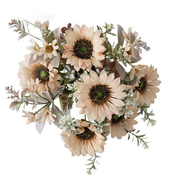 Farfi Artificial Sunflower Bouquet Decorative Non-Fading Wedding Full of Vitality Exuberant Blossom Simulated Sunflower Balcony Decor Supplies (Champagne)