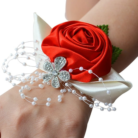 Farfi Bridesmaid Sisters Wrist Corsage Flowers Ribbon Rhinestone Wedding Supplies (Red)