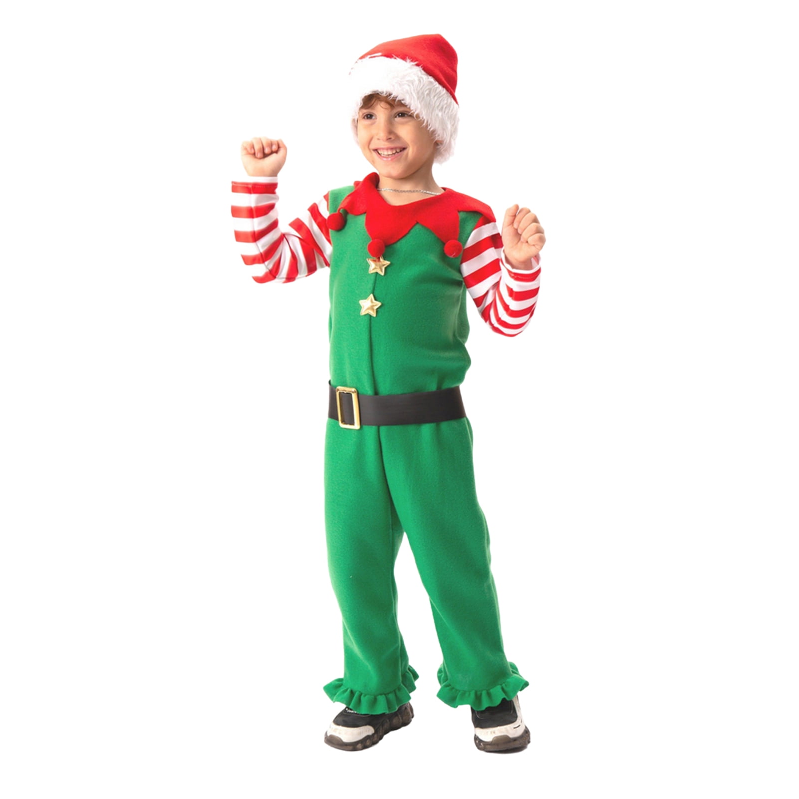 Farfi Christmas Onesie Costume for Kids Gingerbread Man/Santa/Green Elf Cosplay Outfit Unisex Plush Bodysuit for Halloween Christmas Carnival Festival(Green, L)