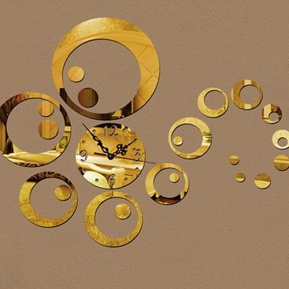 Farfi Circles 3D Modern Mirror Wall Clock Watches Stickers Decals Home Room DIY Decors (Gold)