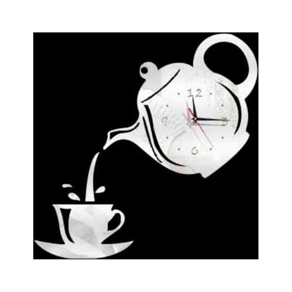 Farfi Creative 3D Teapot Cup Acrylic Mirror Wall Clock Stickers DIY Home Decor Decals (Silver)