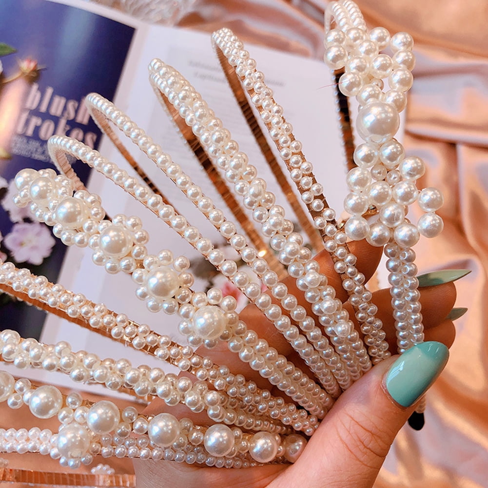 Farfi Elegant Women Faux Pearl Beaded Slim Headband Hair Hoop Wedding Party  Decor 