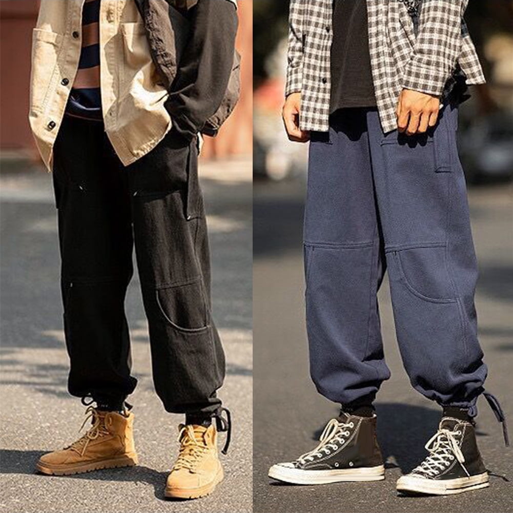 Farfi Fashion Men Soft Waist Ankle Tie Drawstring Loose Multi Pocket Pants Trousers