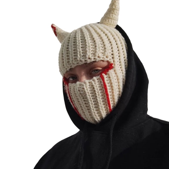 Farfi Halloween Cap Knitted Rabbit Ears Windproof Face Cover Party Prop Keep Warm Regular Fit Flower Print Horn Hat for Outdoor Sport (Type I)