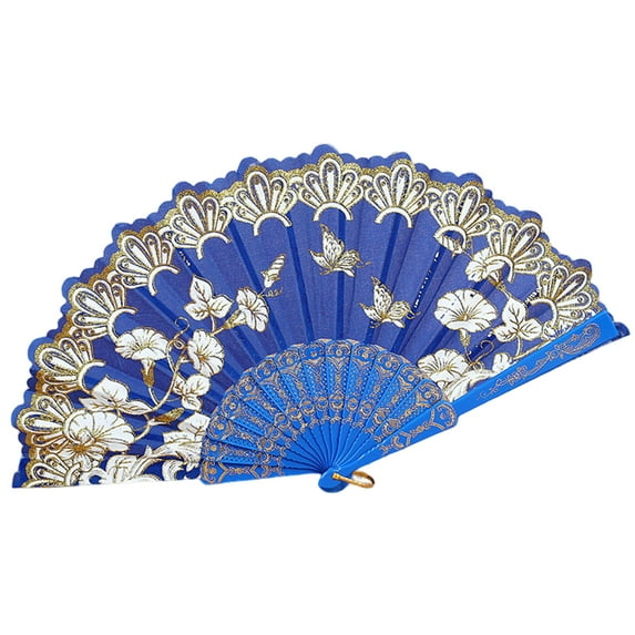 Farfi Handheld Fan Vintage Style Bright Color Exquisite Pattern Fine Workmanship Ultralight Cloth Retro Chinese Style Folding Fan Photography Prop Office Supplies (Royal Blue)
