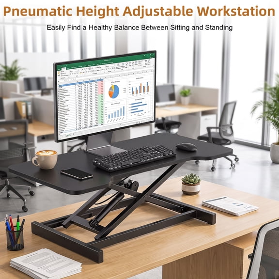 Farfi Height Adjustable Standing Desk Converter, Single Top Pneumatic Laptop Stand for Desk, 15.8-Inch Wide Sit-to-Stand Monitor Riser Computer Workstation for Home, Office