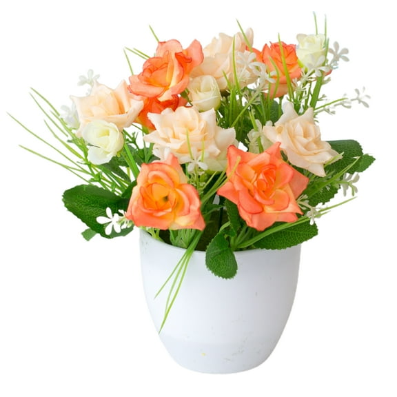 Farfi Imitation Potted Flower Rose Hotel Decoration Plastic Bookshelf Table Artificial Flower Pot for Office (Orange)
