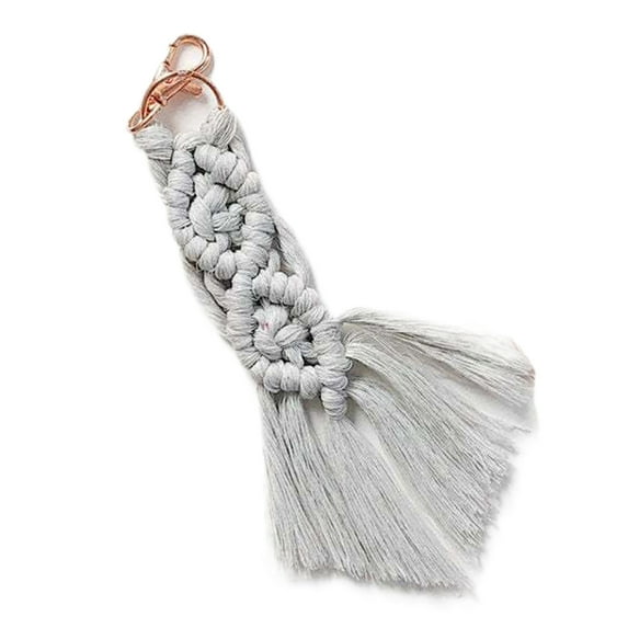 Farfi Key Ring Bohemian Handmade Tassel Metal Buckle Ethnic Style Decorative Vintage Hand Woven Macrame Backpack Pendant Mother's Day Gift (Light Grey)
