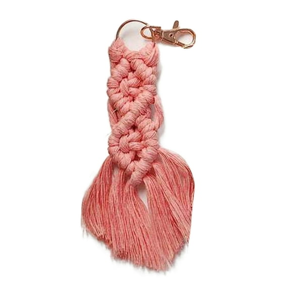 Farfi Key Ring Bohemian Handmade Tassel Metal Buckle Ethnic Style Decorative Vintage Hand Woven Macrame Backpack Pendant Mother's Day Gift (Pink)