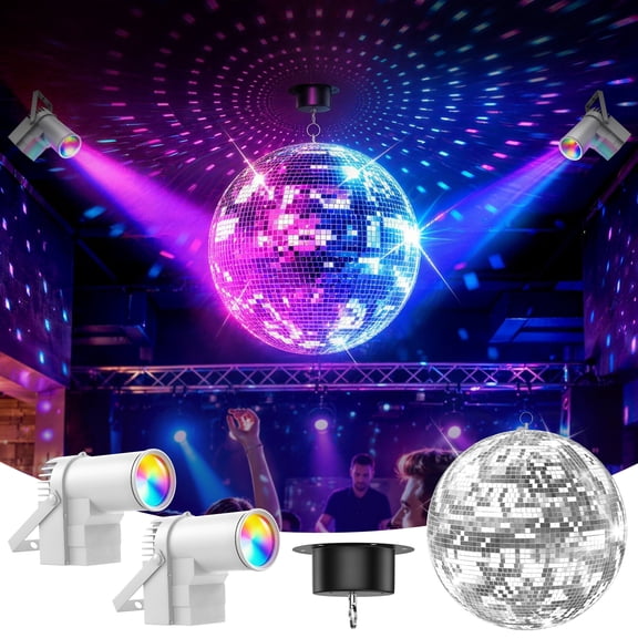Farfi Large Disco Ball with Motor and Lights, 6 RPM Rotating Mirror Disco Ball with 2 LED Spotlights, 19.69" Reflective Glass Mirror Ball for 70s 80s Party, DJs, Nightclub, Bar, Wedding