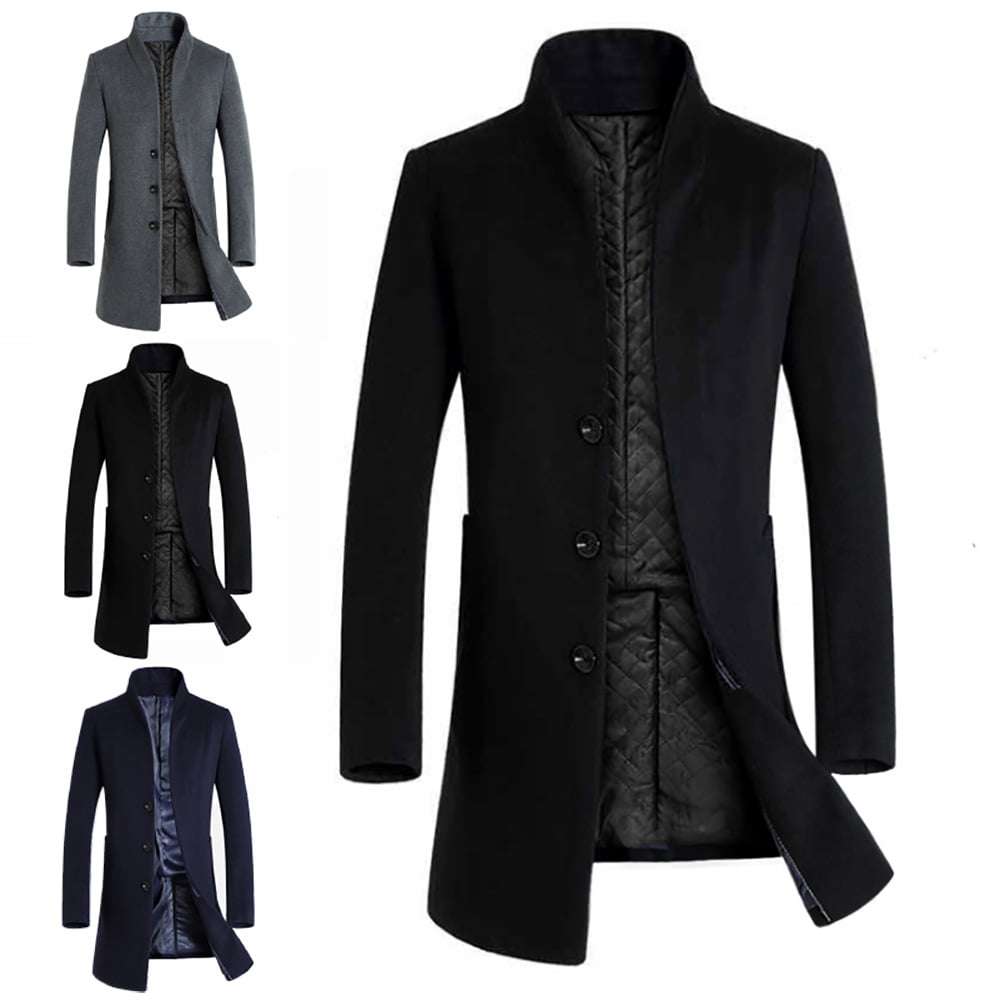 Farfi Men Winter Warm Solid Color Woolen Trench Coat Outwear Overcoat ...