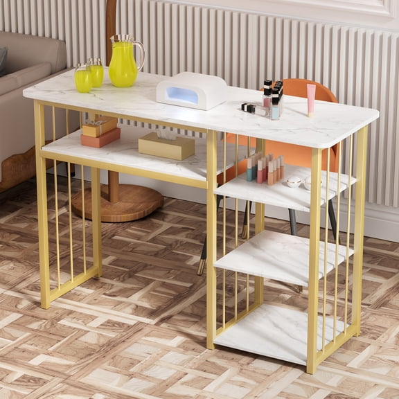 Farfi Modern Computer Desk, 39.37 Inch Writing Desk with Open Storage Shelves, Faux Marble Tabletop, Table for Manicure