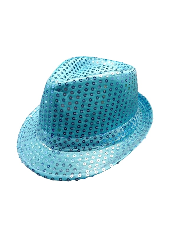 Shining Short Brim Hemming Jazz Hat Adult Kids Sequins Decorated Stage Show Hat Party Supplies (Sky Blue,Adult)