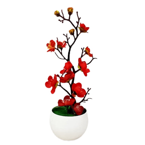 Farfi Simulation Bonsai Realistic Anti Fade Faux Silk Flower Nice-looking Fake Plum Blossom Flower Plant for Home (Bright Red)