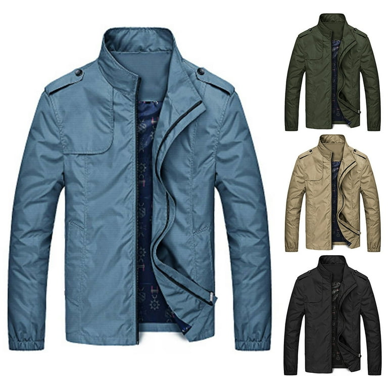 Farfi Solid Color Men Coat Stand Collar Top Two Pockets Zipper Closure Casual Jacket for Autumn Walmart