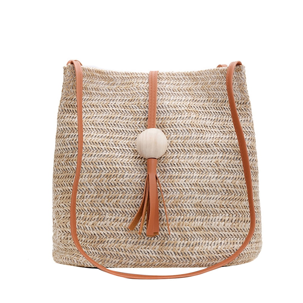 Farfi Summer Beach Women Straw Weave Handbag Wooden Ball Tassel Tote ...