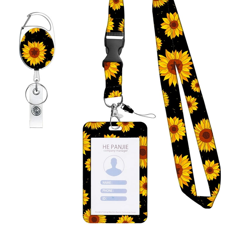 Farfi Telescopic ID Sling Retractable Reel with Lanyard Flower Printed  Easy-to-pull Buckle Slide Open ID Card Holder Clip School Supplies (Black 